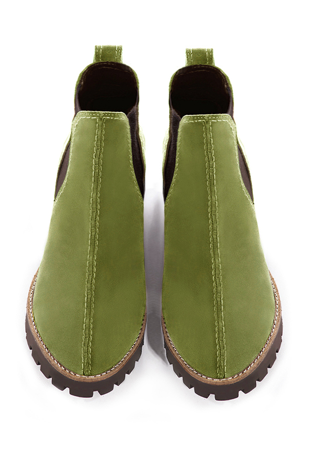 Pistachio green and chocolate brown women's ankle boots, with elastics. Round toe. Low rubber soles. Top view - Florence KOOIJMAN